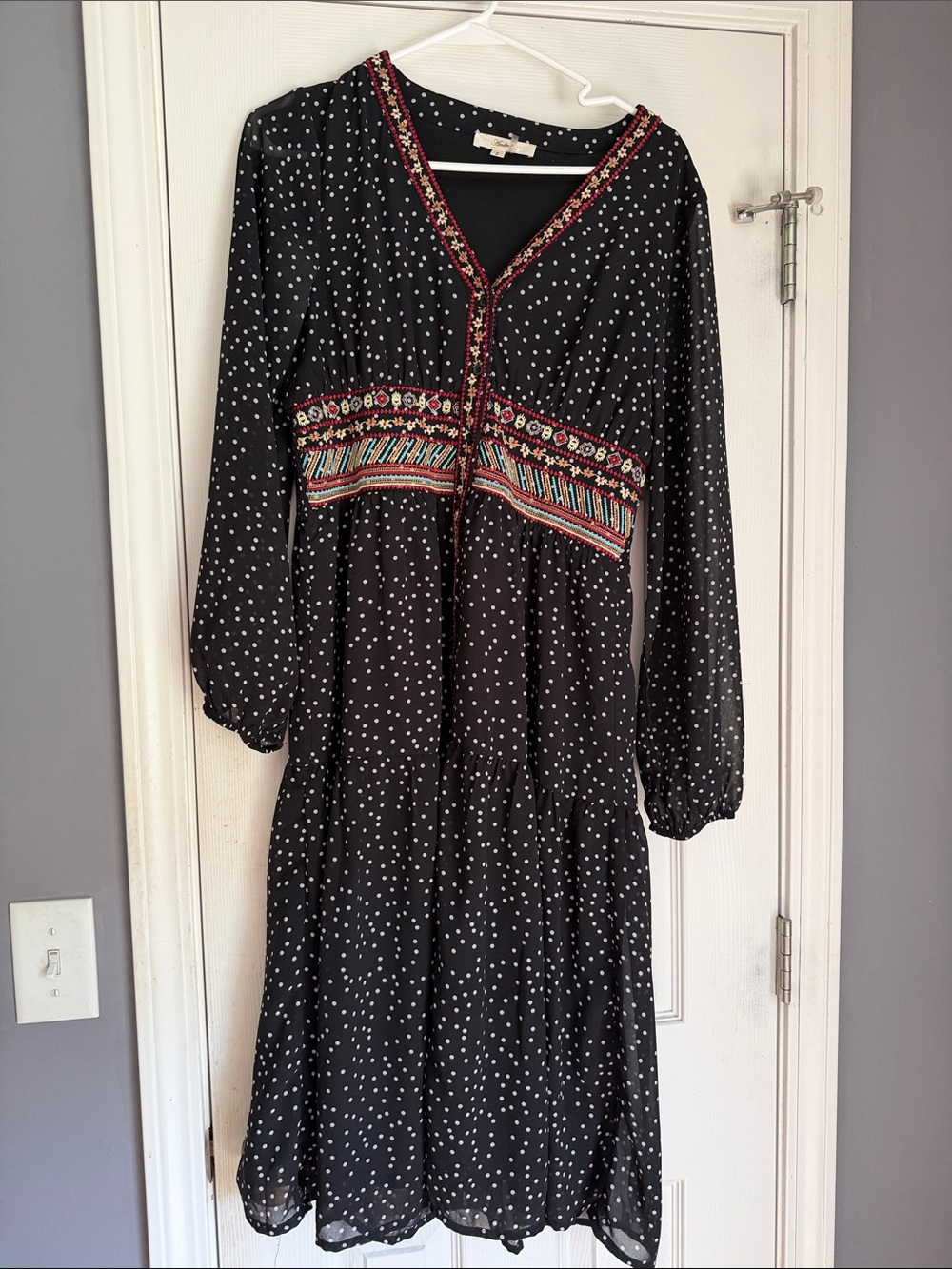 Black Polka Dot Long Sleeve Embroidered Waist Dress